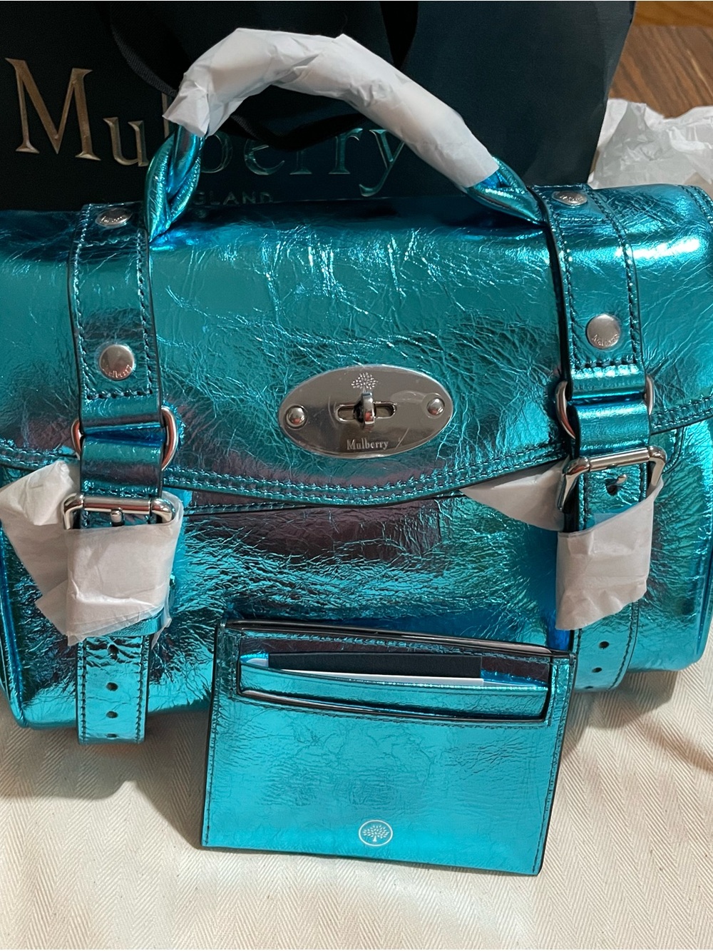 Mulberry Metallic Turquoise Leather Satchel with Matching Card Wallet